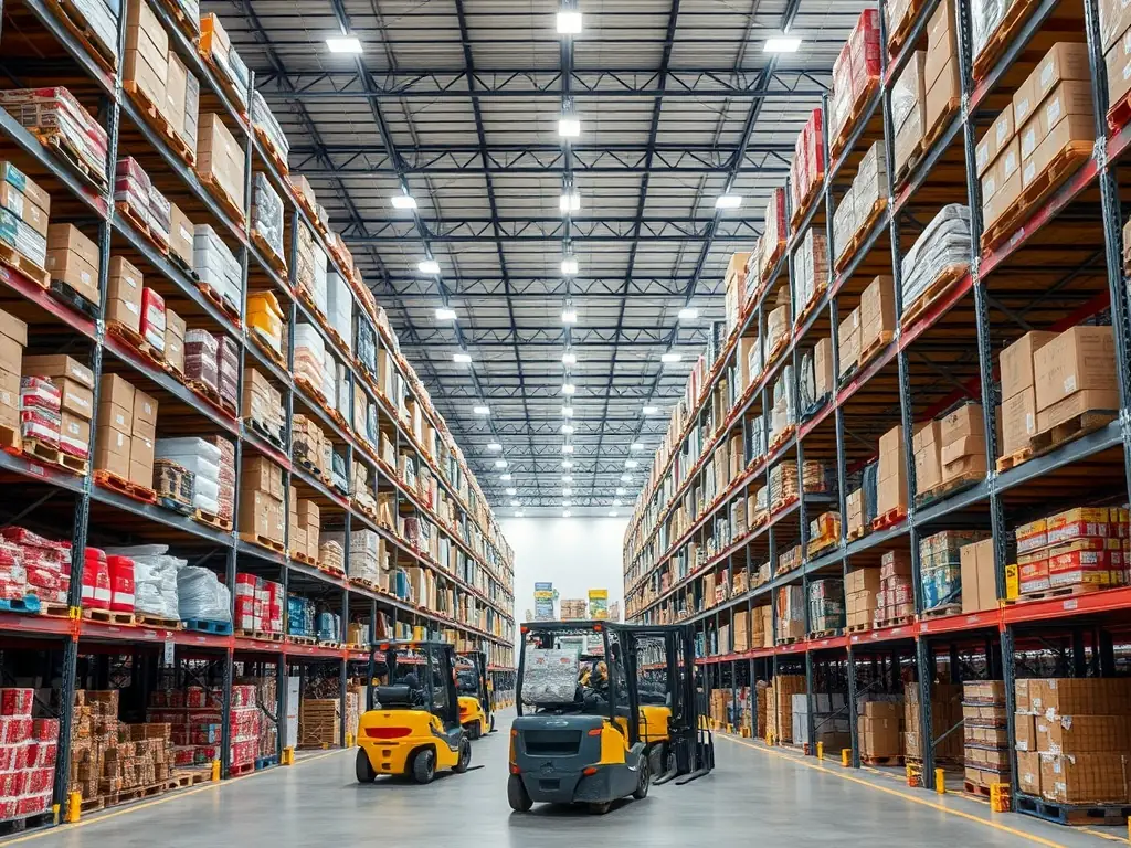 An image of a well-organized warehouse with rolls of textiles and printing materials neatly stored on shelves. The scene conveys a sense of order, efficiency, and security.