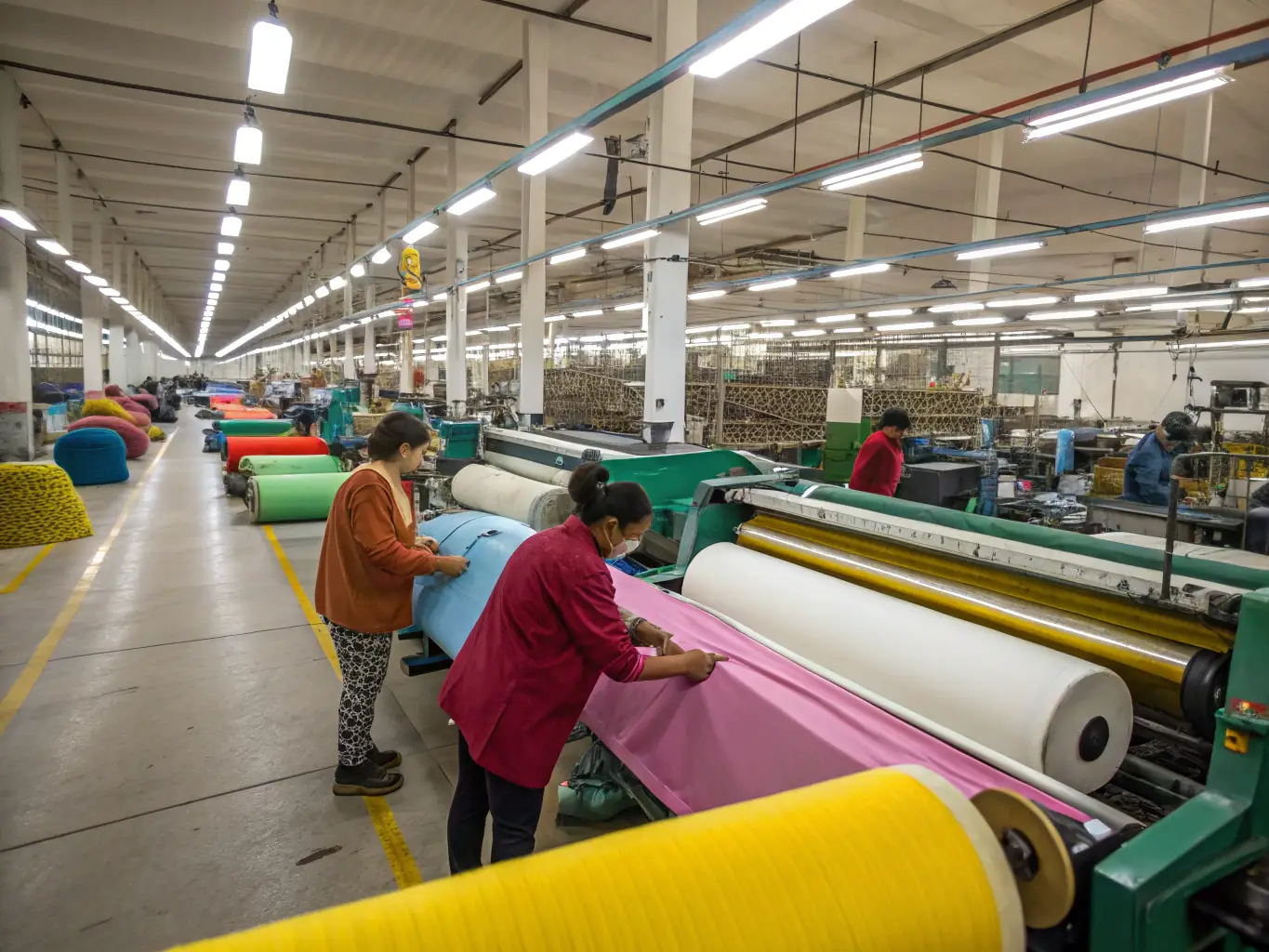 A detailed image of a textile processing machine, highlighting its various components and capabilities. The machine is shown processing a large roll of fabric, demonstrating its efficiency and precision.