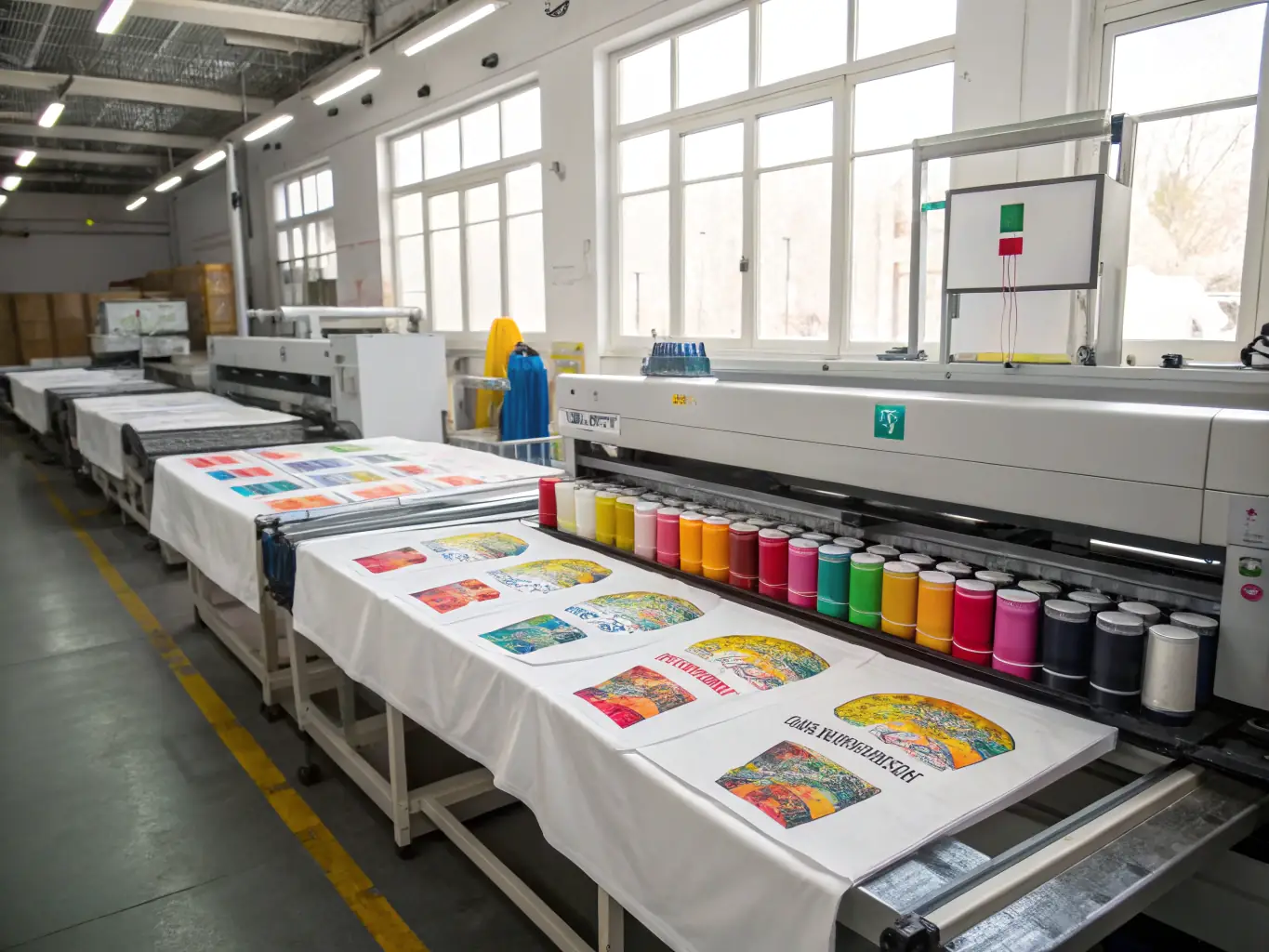 A high-resolution image showcasing a state-of-the-art sublimation printer in operation, printing vibrant designs on fabric in a well-lit workshop setting. The focus is on the printer's precision and the quality of the printed fabric.
